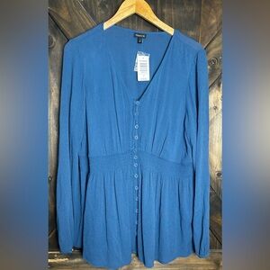 Torrid Women’s Blue Peasant Long Sleeve Button Up Top Sinched Waist 1XL